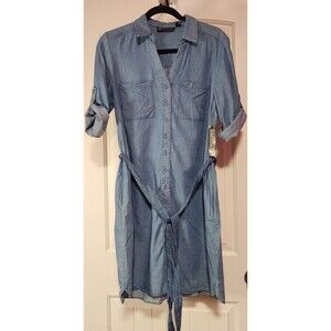 New York & Company Womens Med Chambray Shirt Dress Belted Roll Tab Sleeve Pocket